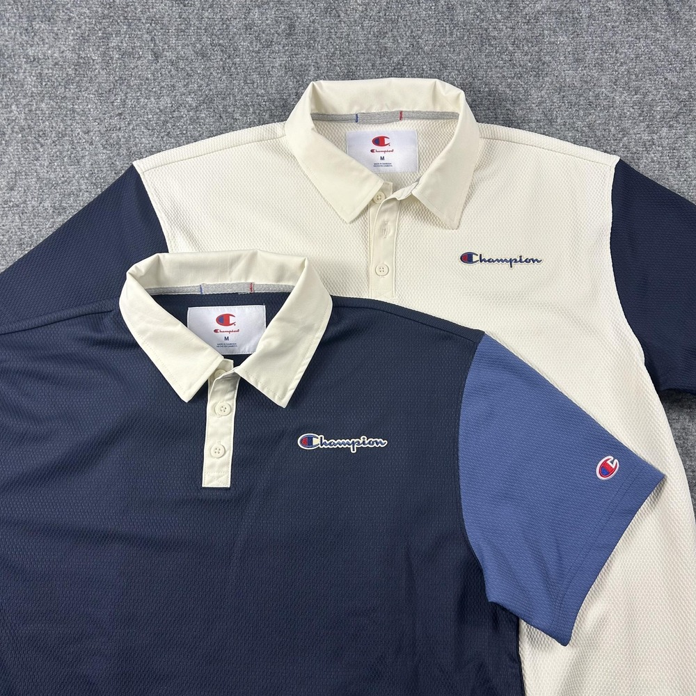Champion Polo‎ Shirt Mens Medium Blue Colorblock Stretch Golf Athletic Top NWOT
